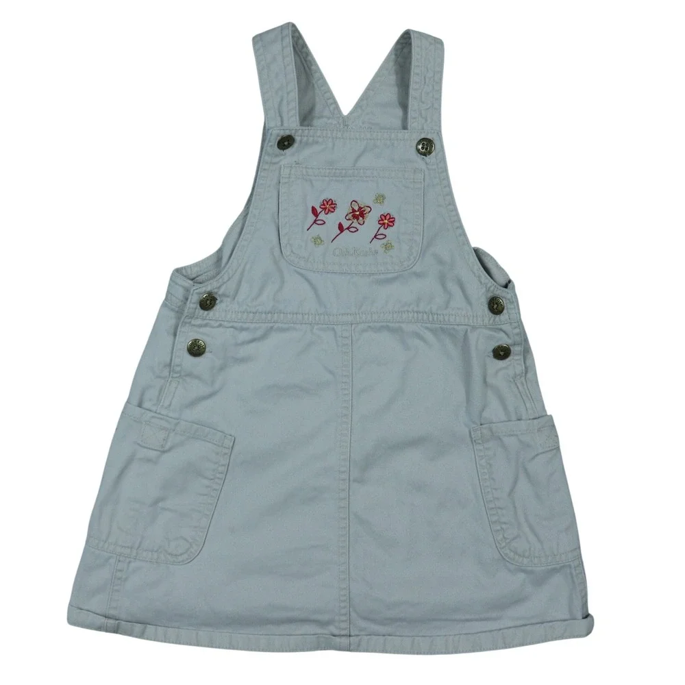 VTG OshKosh B'gosh Jumper Dress Tan Kids 5T Embroidered Floral Twill Overall